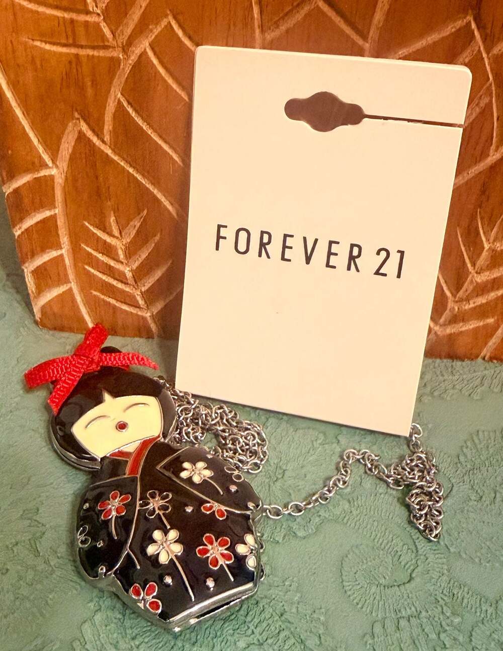 Forever 21 Kokeshi Doll Enamel Pendant Necklace with Red Ribbon 28"